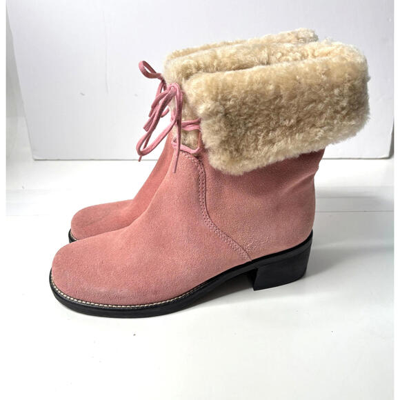 Pink Suede Heeled Boots Womens‎ 7 Booties Faux Fur Trim Lace Up Brazil Coquette - Picture 1 of 9